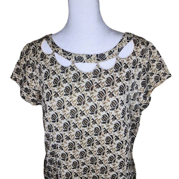 Vintage 60s Shift Dress Cap Sleeve Womens Size L Gold Black Cage Cut Out Mod - Picture 2 of 6